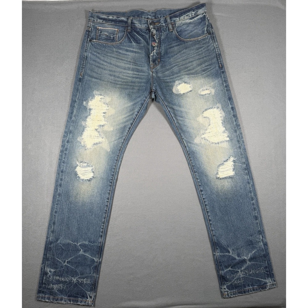 Private Stock Men's Distressed Ripped Denim Jeans Straight Leg Button Fly 36x34